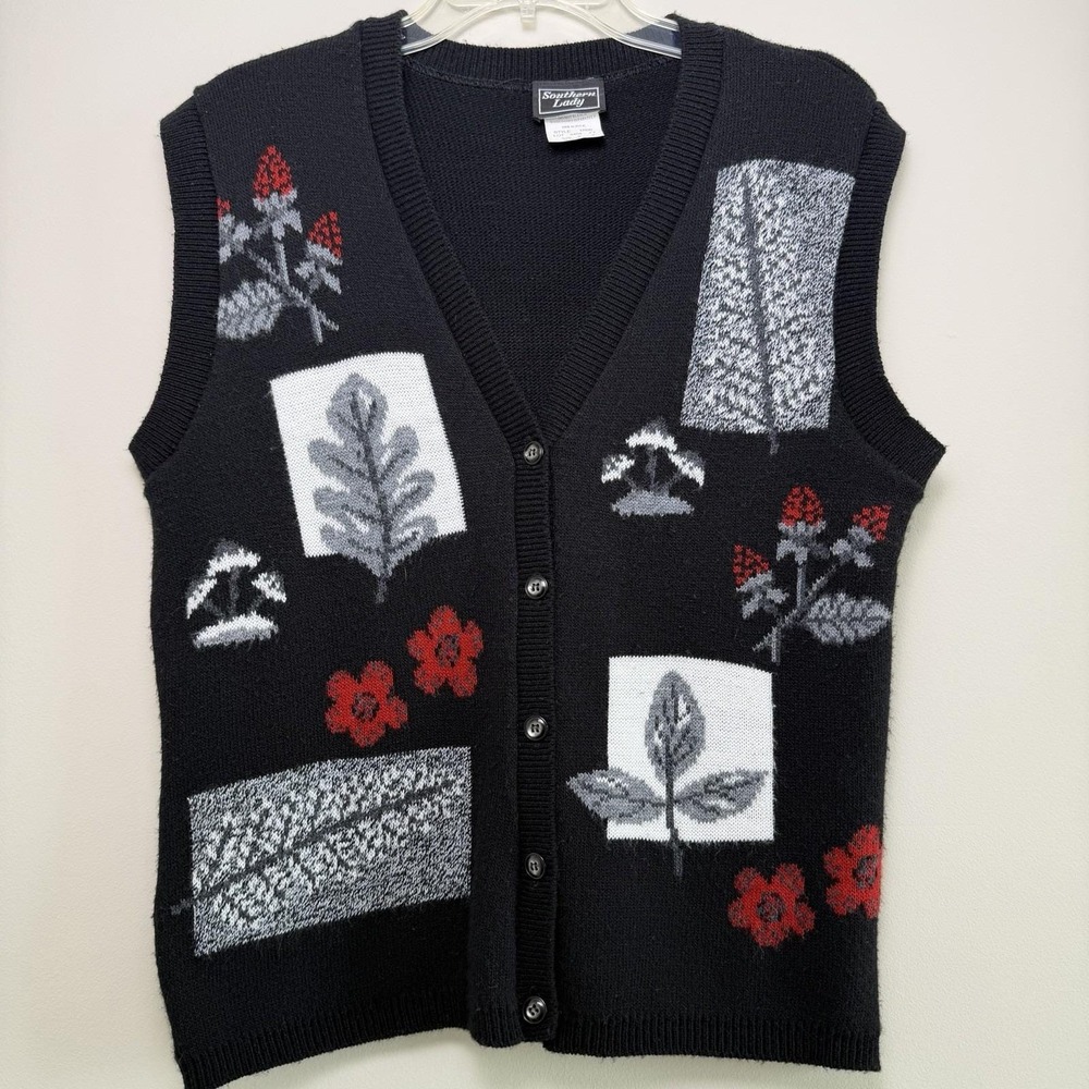 VTG Southern Lady Floral Knit Black Vest Made in USA Grandmacore Size Small